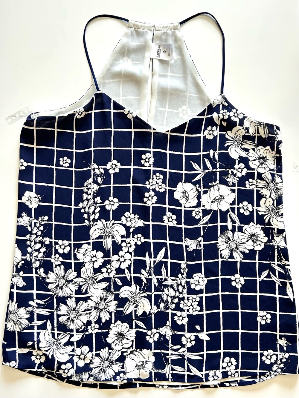 Express Women’s Navy and White Floral Grid Spaghetti Strap Cami Top